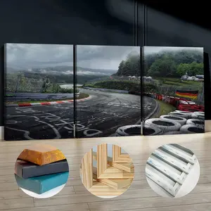 3Pcs Wooden Framed Canvas Painting, Rainy Race Track And Tires Images, Exquisite Poster, Home Decoration, Pattern Wall Art Decor, For Living Room, Bedroom, Office, Restaurant, Bar Wall Decor, Odorless, Painting, Print Artwork.