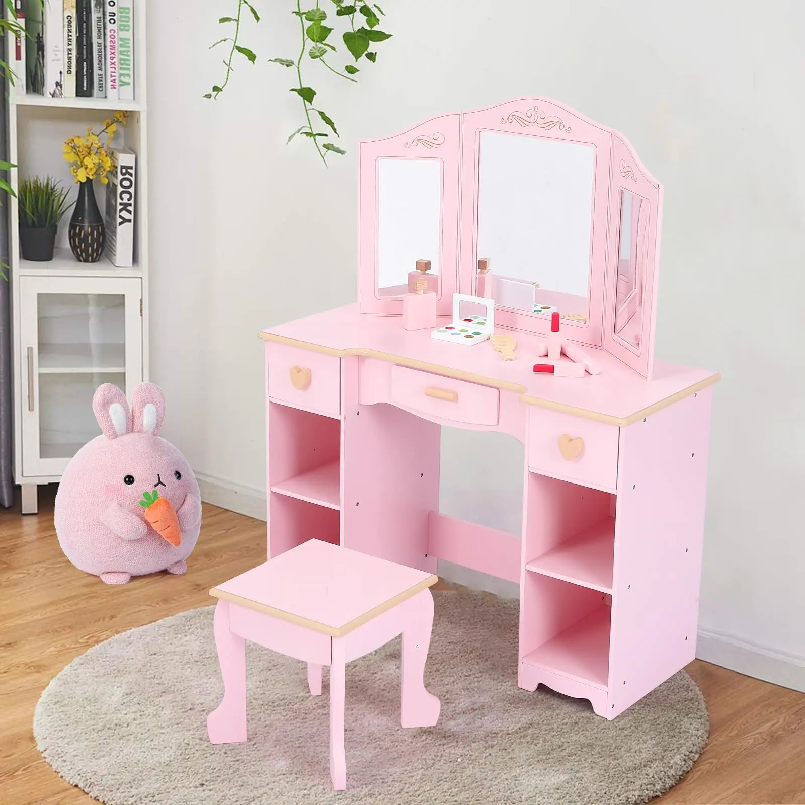 Kids Vanity Set with Tri-Fold Mirror & Stool - Pink Pretend Play Makeup Desk for Girls 3+ - Toddler Dressing Table with Storage Drawers