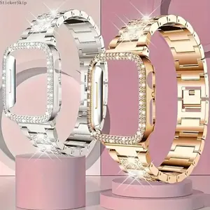 2026 NEW Suitable For Apple Watch Ultra/Ultra 2 10//8/7/6/5/4/3/2/1/SE Starry Sky Full Diamond+Double Row Diamond Fashionable And Beautiful Shining Watch Case Strap+Case 38/40/41/42/44/45/49mm