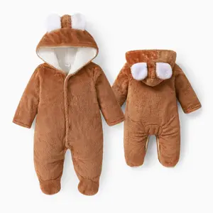 PatPat Baby Boy/Girl Bear Style 3D Ears Hooded Solid Plush Footed Jumpsuit Soft & Cute for Winter All-day Snuggle Keeping Warm Stylish