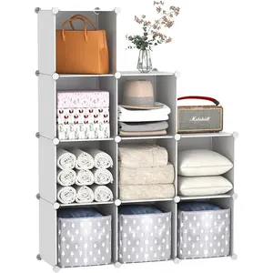 Cube Storage 9-Cube Bookshelf, Plastic Closet Cabinet Organizer, DIY Stackable Bookcase, Modular Shelving Units Ideal for Home, Office, Kids Room, 36.6" L x 12.4" W x 48.4" H Milky UPCS09M