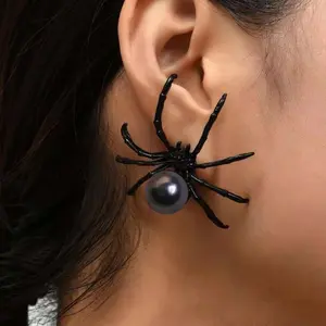 New retro punk personality simple fashion Halloween black spider pearl earrings