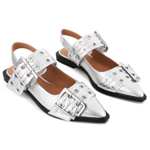 Women Pointed Toe  With Studs Buckle Ballet Flats Singback Comfortable low heel