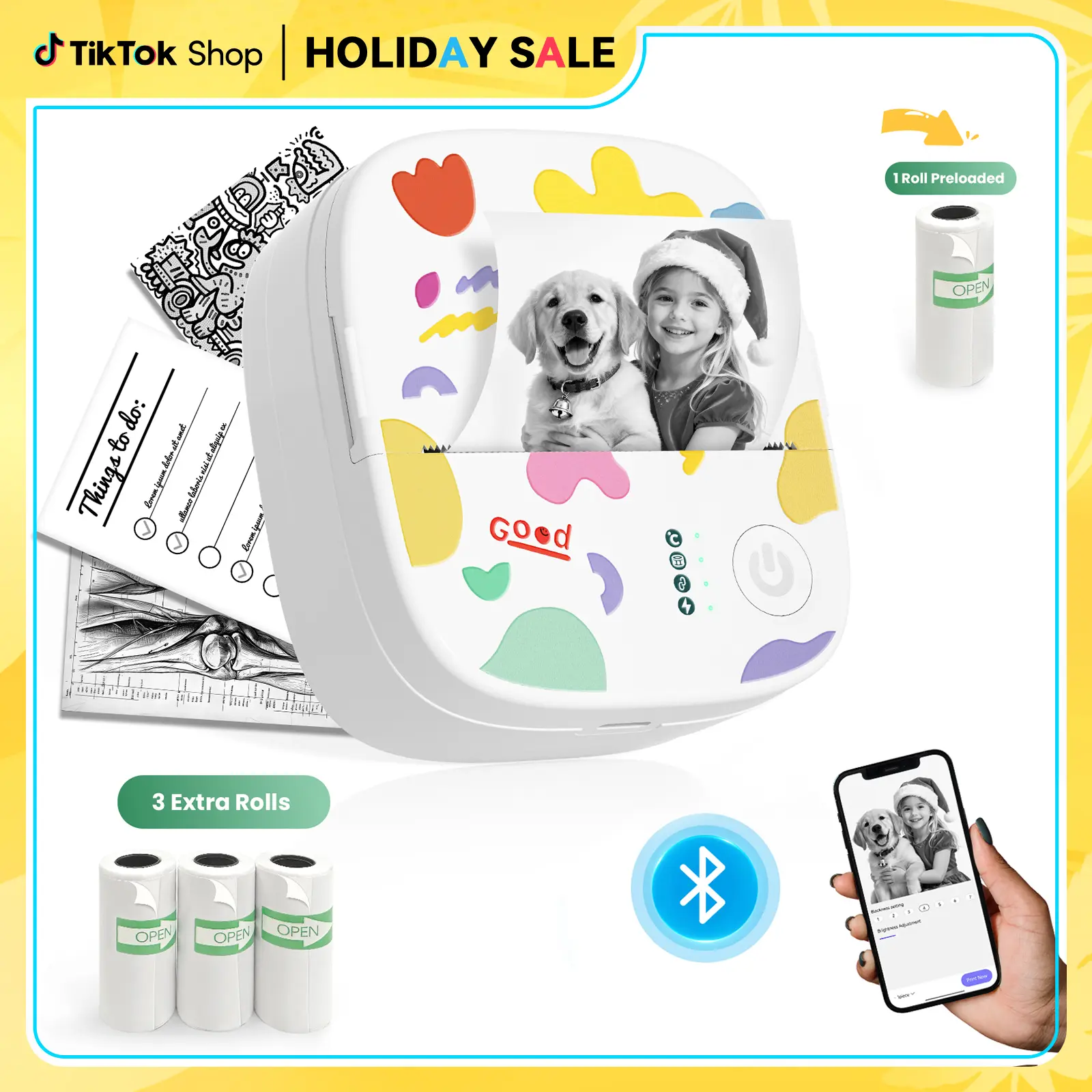[Christmas Gifts] Mini Portable Printer - Inkless B&W Wireless Bluetooth Printer, 0.26lb Handheld Pocket Maker, 203dpi, 3 Roll Labels for Photos/Study Notes, Birthday Gifts for Family #Techvibes
