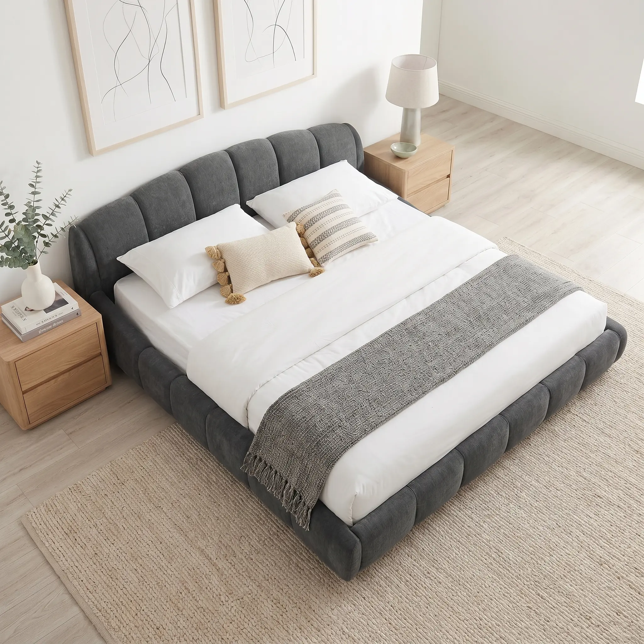 ELSEADY Chenille Upholstered Platform Bed Frame  Elegant Bed with Curved Headboard Wrapped Footboard, Low Profile Floor Bed, No Box Spring Required, Easy Assembly