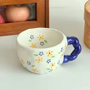 Tiffany Ceramic Cup with Creative Twisted Handle, Hand-Painted Floral Design, Reusable Microwave Safe Lead-Free Mug for Holidays, Ceramic Mugs, Drinkware