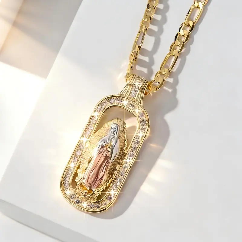 14K Tri-Tone Gold Plated Our Lady of Guadalupe Pendant Necklace with Crystal Embellishments Figaro Chain for Men & Women Catholic Religious Jewelry Ideal Christmas & Prayer Gift