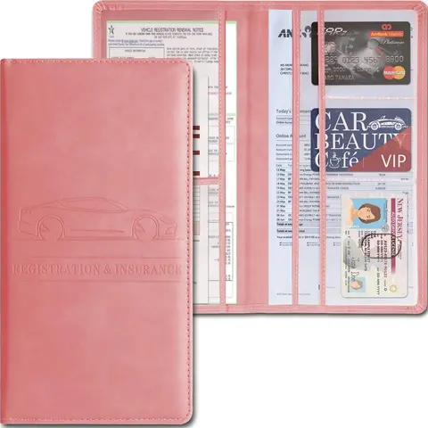 Car Registration and Insurance Holder,PU Leather Car Glove Box Organizer Car Document Holder for ID,Driver's License,Universal Car Organizer Car Accessories for Women/Men (Pink)  toolupgrade