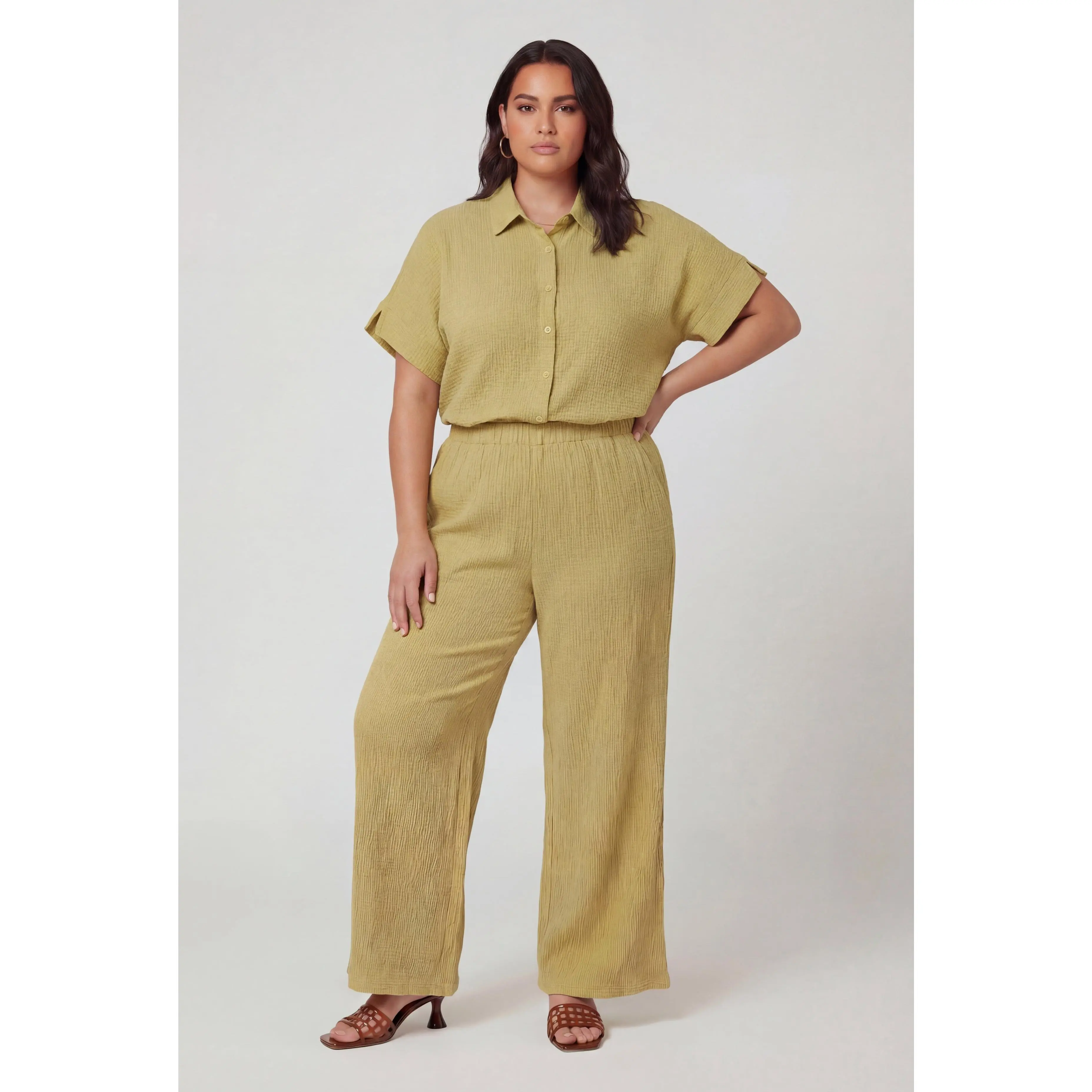 Plus Size High Waisted Seersucker Wide Leg Pants