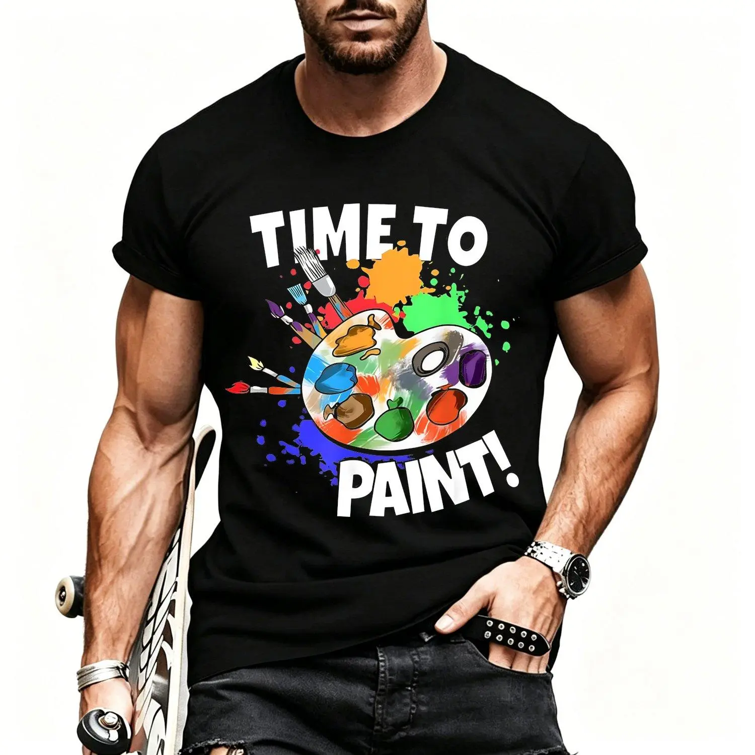 Men's Shortsleeve Sport Graphic Tee, Round Neck Athletic Shirt for Artists & Art Teachers, Casual Painter-Inspired "Time To Paint" Print Top, Menswear