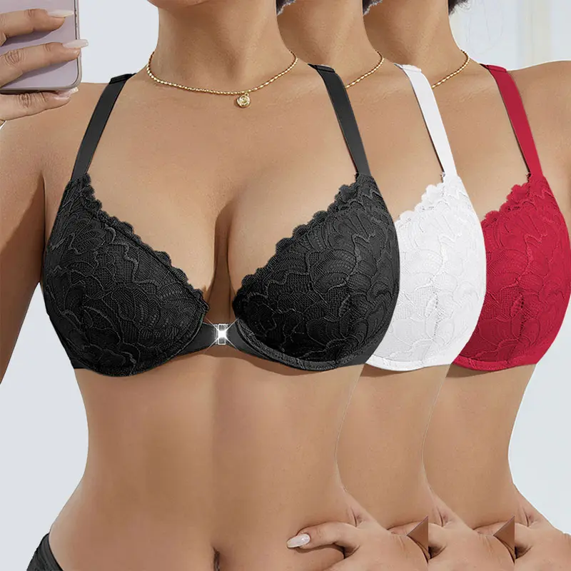 3pcs Sexy Lace Front Closure Women's Thin Cup Comfortable Breathable Push-Up Bra in Black White & Red