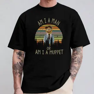 Walter Muppet Am I A Man Or A Muppet T-Shirt, Retro Sunset Muppets Movie Quote Tee, Funny Puppet Graphic Shirt, 80s Vintage Style Movie Merch