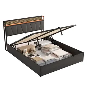 [SummerVibes]AMERILIFE Lift Up Storage Bed Frame with Linen Upholstered Headboard, Modern Platform Bed Frame with Charging Station and RGBW LED Lights,Best Gift Ideas/Christmas Gifts