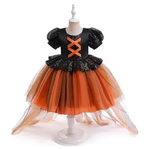 Orange Tulle Kids Clothes Halloween Dress 033 Sequins Black Children Cosplay Costume Fancy Carnival Pumpkin Witch Vampire Party Holiday Princess Frock  3-10Y