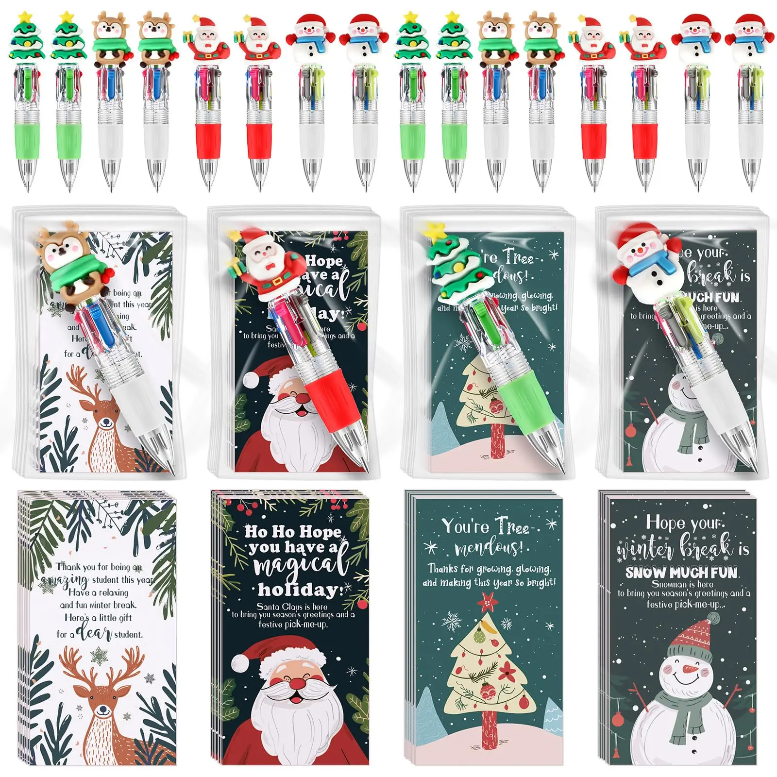 Christmas Multicolor Ballpoint Pens Bulk, 4-in-1 Retractable Holiday Writing Pens with Gift Card , School Classroom Rewards Office Gifts Party Favors Stocking Stuffers