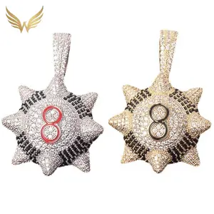 Iced Out Meteor Hammer 8 Ball Pendant Necklace | Hip Hop Spiked Billiard Number 8 Charm with Cubic Zirconia