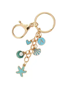 Aluminum Alloy Keychain with Starfish Shell Pearl Charm, 26 Letter Design, Ocean Theme, Handbag Accessory, Unique Gift Idea