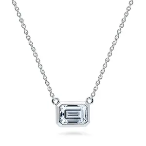 BERRICLE Sterling Silver Solitaire East-West Pendant Necklace for Women, 1 Carat Bezel Set Emerald Cut Cubic Zirconia CZ 16 inch