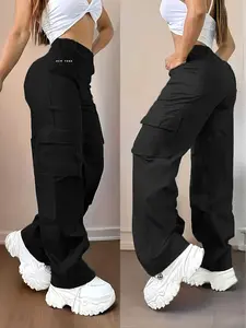 Women's Casual High-Waisted Cargo Pants, Bottoms, Medium Stretch, Practical Pockets, Geometric Pattern, All Seasons Wear, Fitted Style