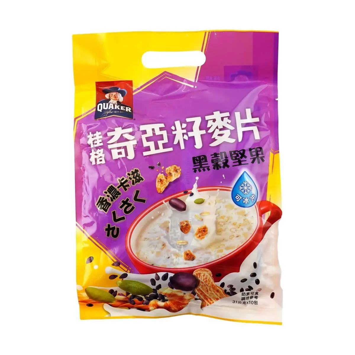 Quaker Taiwan Chia Seed Oatmeal with Black Grains and Nuts - 10 Small Packs, 310g, Cold Brewable Healthy Breakfast Cereal