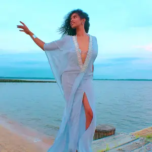 Ihu Hand-Beaded Sky-Blue Chiffon Kaftan Resort Wear Beach Cover Up for Women