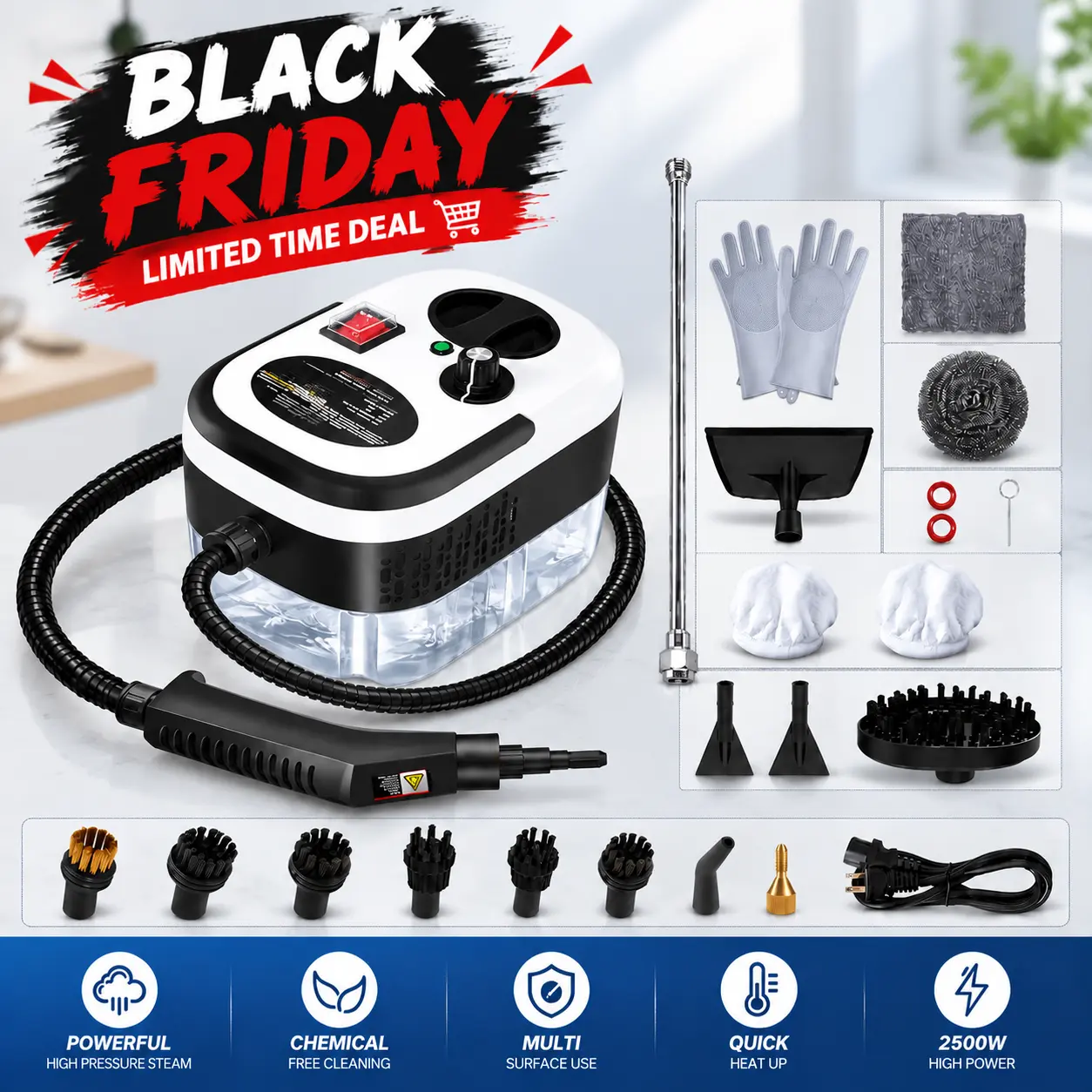 2500W Corded High-Pressure Handheld Steam Cleaner - 9.8ft Power Cord, Compact Design, 15-Second Quick Heat-Up, 1.2L Water Tank, 3-Speed Adjustable Handle, 20 Accessories, Multi-Surface Stain & Gunk Removal for Home, Car, High-Pressure Steam