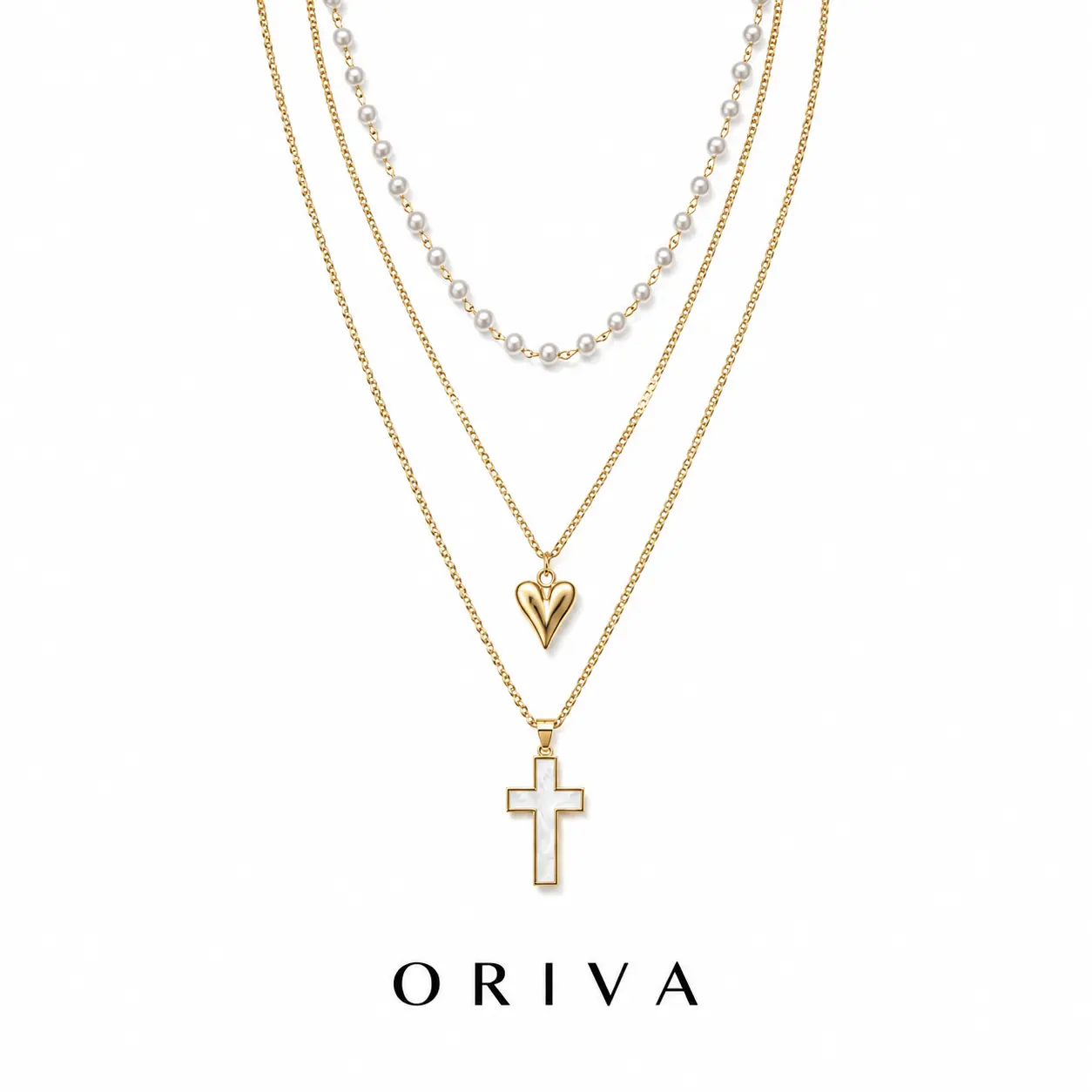 Women’s layered necklace set, gold three-piece set including a pearl necklace, heart pendant necklace, and cross necklace—fashionable stackable jewelry suitable for everyday wear, parties, and gifting. women