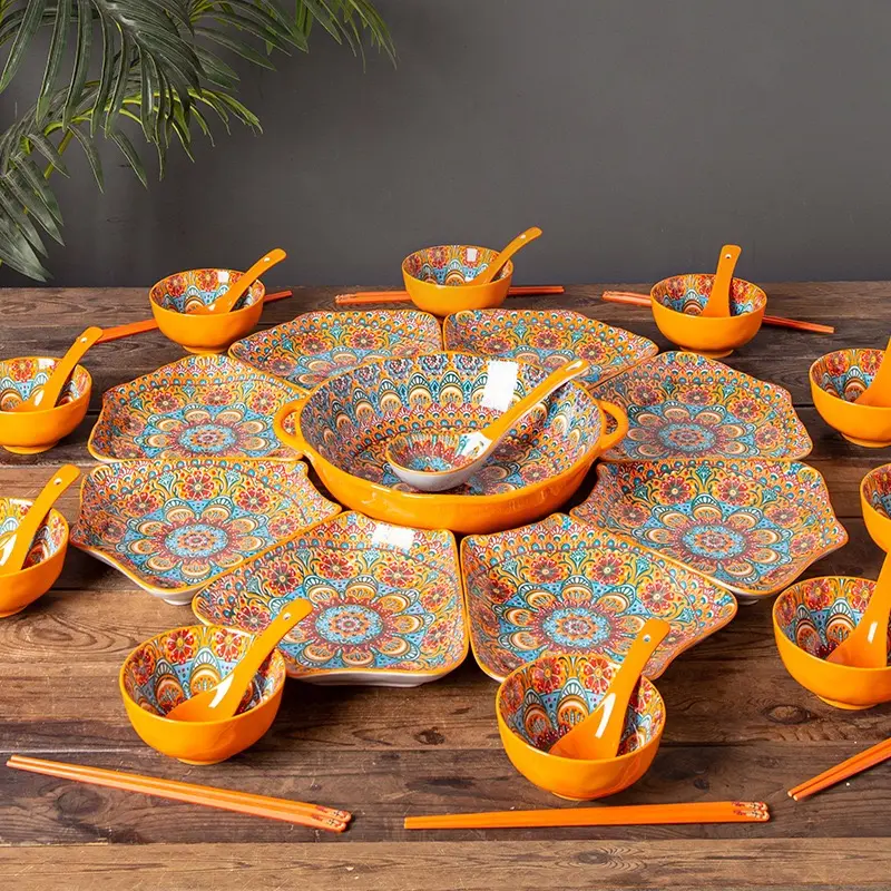 New Bohemian Ceramic Dinnerware Set, Household Serving Plates for Festival Feast