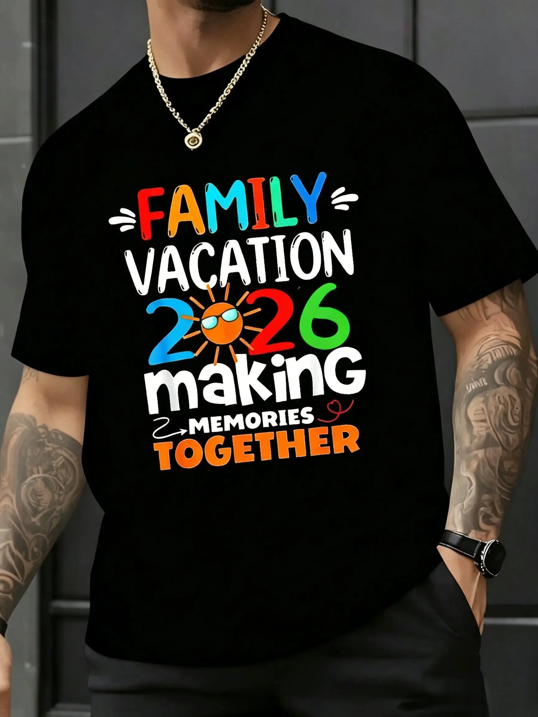 2026 Family Vacation Commemorative T-Shirt With Colorful Text And Sun Pattern, Family Travel Commemorative, Comfortable And Casual Style, Plain T-Shirt, Fun Shirt, Holiday Gift