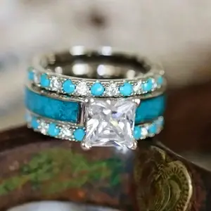 Set of 3 Engagement and Wedding Rings with Turquoise Stone for Women - Stylish Accessory for Holiday Gifts