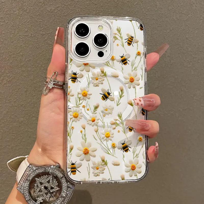 Magnetic Smartphone Case for iPhone 11/12/13/14/15/16/17-Pro Max, Daisy Bee Pattern, Ultra Slim, MagSafe Support, Shockproof Protection for Handheld Cellphone Devices, Playful Fun Style, Casing