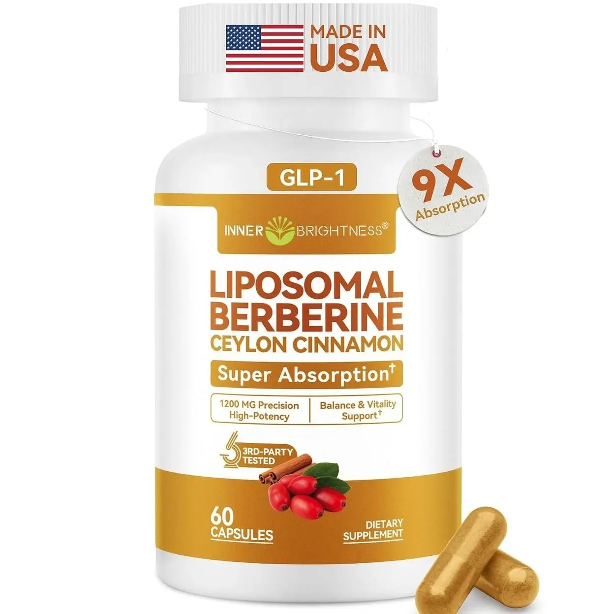 Liposomal Berberine with Ceylon Cinnamon 1200MG - GLP-1 Friendly, High-Absorption Berberine Supplement, Natural Body Balance Support - Non-GMO, 60 Veg Capsules, Made in USA, Lab Tested