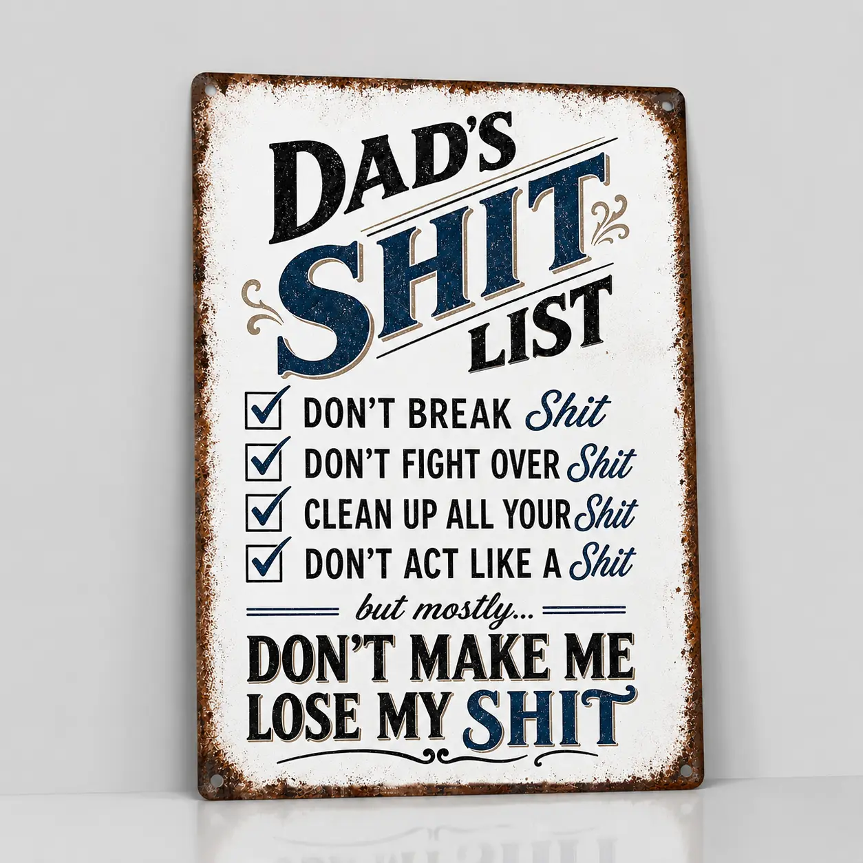 Aluminum Alloy Metal Home Sign "Dad's Shit List" - 8x12 in Funny Father's Day Gift, Retro Rustic Whimsy Wall Hanging Plaque with Mount, Garage Decor
