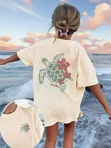 Women's Round Neck Letter Turtle Flower Drink Pattern T-Shirt, Vintage Fashion Casual Off-Shoulder Short Sleeve Top, Perfect for Everyday Wear