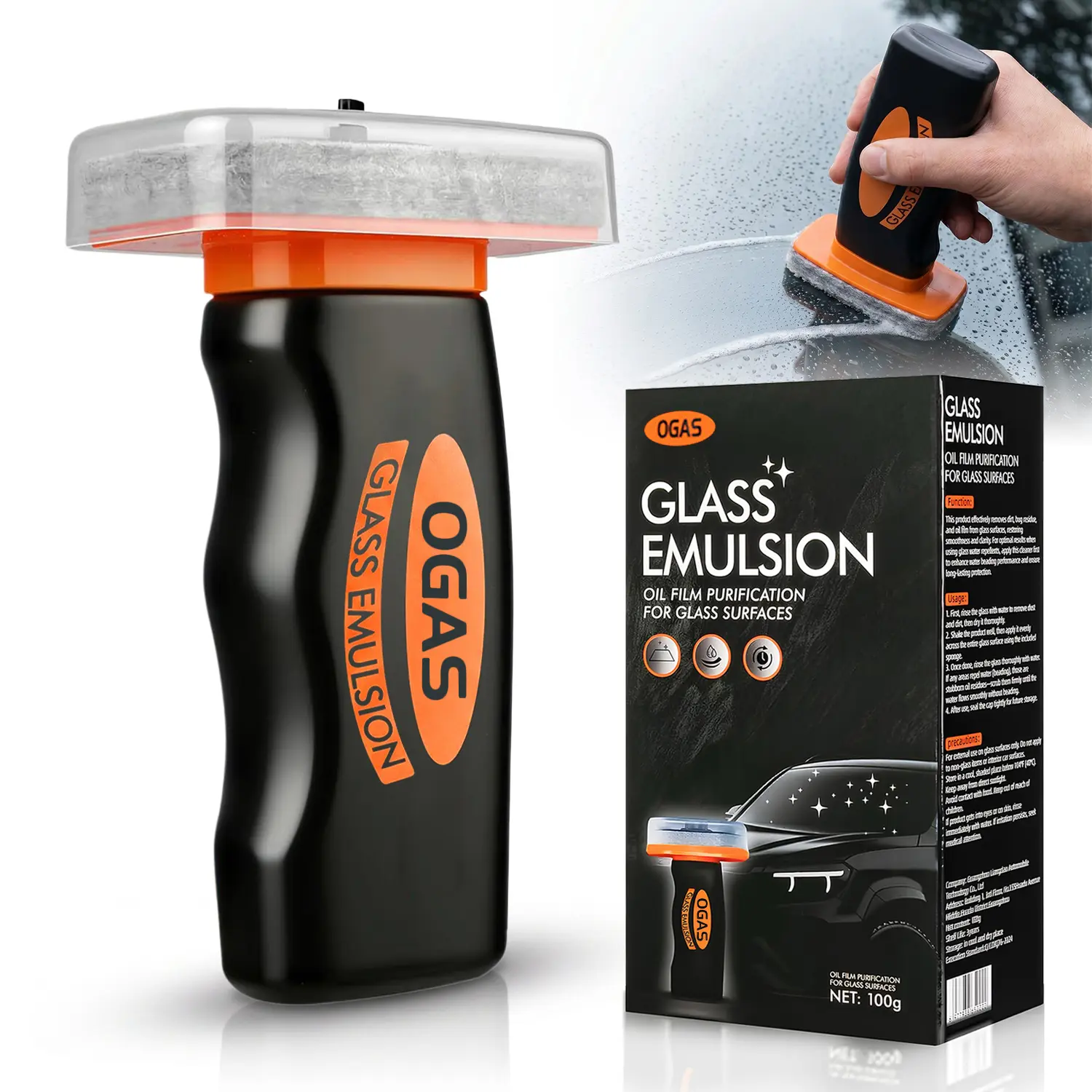 Windshield Oil Film Eraser Wand - All-in-One Pro Kit with Glass Cleaning Emulsion Formula and Sponge - 100ml Roll-On Glass Compound to Remove Oil Film & Smudges, Improve Windshield Clarity for Safe Driving