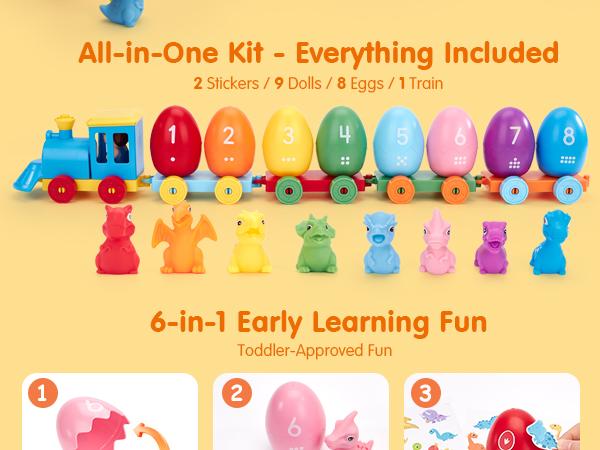hahaland Easter Dinosaur Egg Number Matching Train - Dinosaur Easter Egg Stacking Train, Counting Sorting Fine Motor Skills Toy,Dinosaur stickers,Birthday Easter Gifts for Toddlers 18+ Months