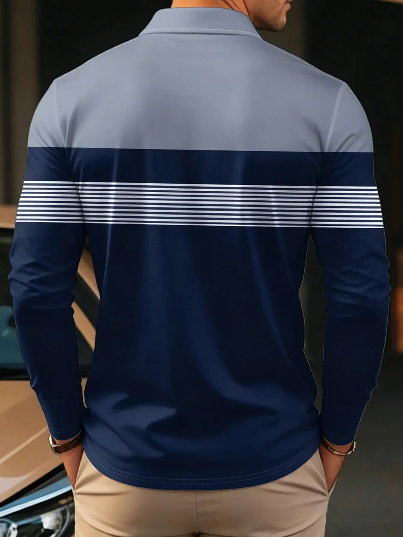 Men's Long Sleeve Polo Shirt, Business Casual Relaxed Fit Top with Striped Lapel, Stylish Breathable Stretch Menswear, Breathable Casual Wear