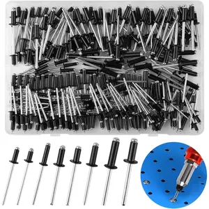Large Flange Blind Rivets, 240 Pieces Aluminum Blind Rivets with 8 Sizes, Practical Blind Rivets Set, Black Rivets for Storage Box, Metal Tube, Sheet Metal Assembly, Furniture