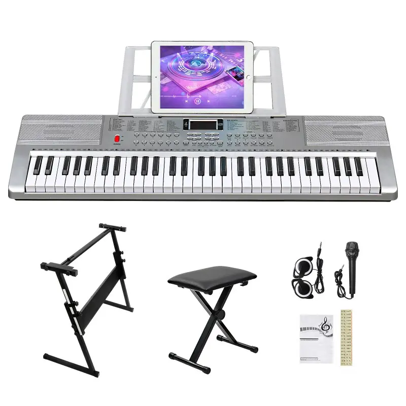 GEP110 61-Key LED Lighting Keyboard, USB/Battery-Powered ABS Plastic, 1/8" Jack, Built-In Speakers & Microphone, 200 Rhythms, 60 Demo Songs, Music Stand Included, 3 Teaching Modes, Ideal for Beginners, Living Room Musical Instrument