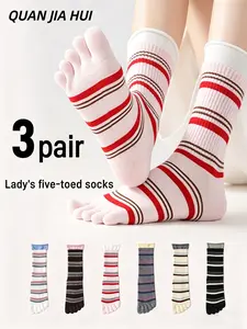 Women's Striped Five-Finger Socks, 3 Pairs Pack, Summer Comfortable Breathable High-Quality Cotton, Mid-Calf Socks for Women