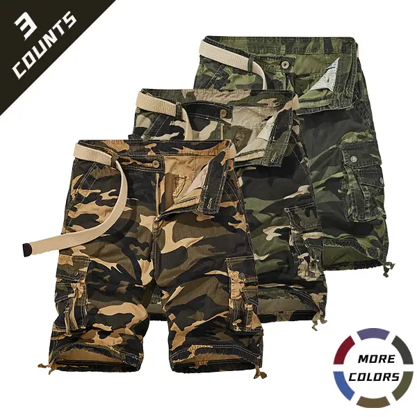 Male 3-Pack Pure Cotton Army Camo Baggy Cargo Jorts, Breathable Men’s Summer Shorts with Button Closure, Large-Capacity Side Pockets, Street Style for Outdoor Camping Hiking, Camouflage, Army Camo Men's Shorts, Camo Print