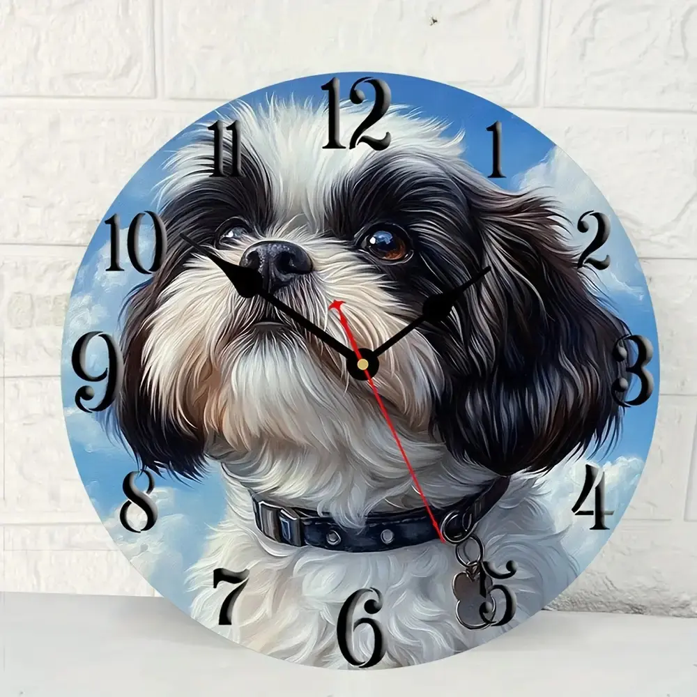 1pc Shih Tzu Dog Wall Clock - Silent Japanese Quartz Movement, Black Hands & White Face with Colorful Shih Tzu Design, Battery Operated (AA Not Included) - Wooden Frame for Living Room, Kitchen, Bedroom, Office Decor - Pet Lover Gift,Home Decoration