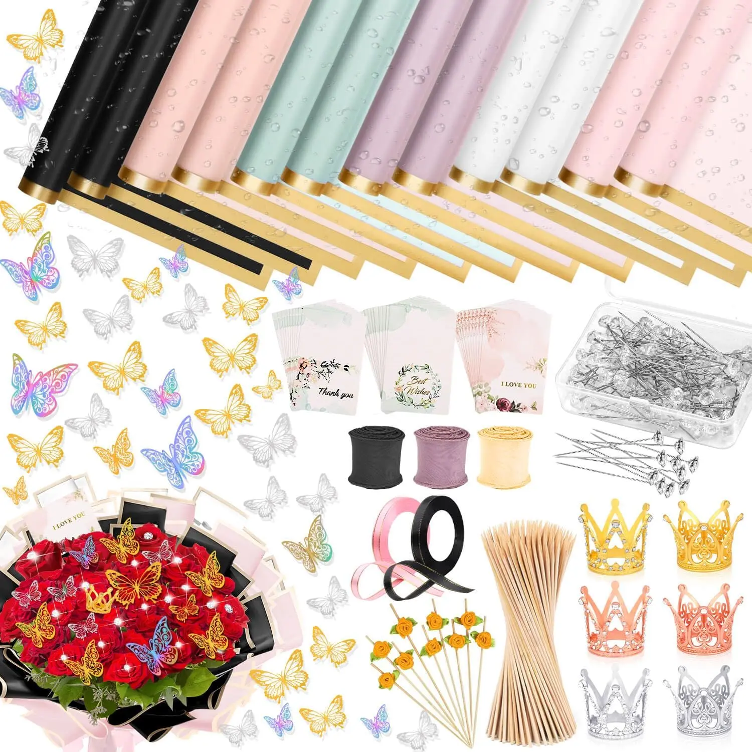 366 count Flower Bouquet Wrapping Paper, Flower Floral Wrapping Paper Bouquet Sheets With Ribbons Pins  Butterflies and Crowns for Florist Wrap