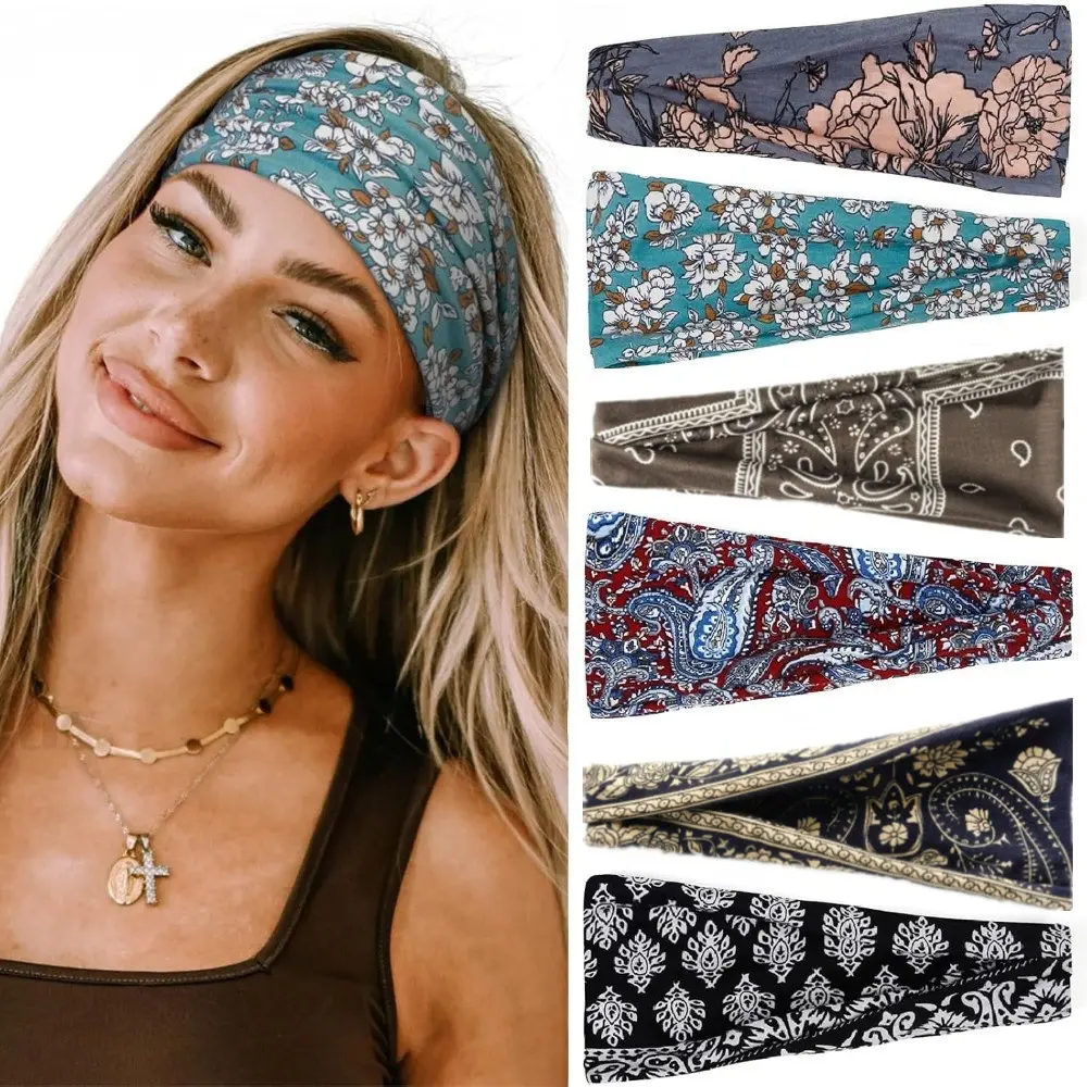 Women's 6-Piece Boho African Printed Headbands, Wide Elastic Non-Slip Thick Polyester, Wider Front Soft Fabric Hair Accessories for Short Hair, Stylish Wraps Ideal for Daily Wear & Workout Headband