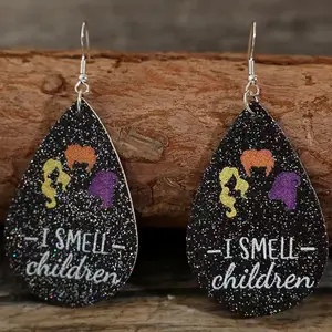 Hocus Pocus Children Glittery Faux Leather Halloween Teardrop Earrings
