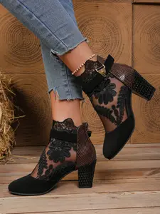 Women's Elegant Classy Lace Trim High Heel Booties, Floral Pattern, Patchwork Style, Fashion Chunky Heels, Perfect for Parties, Sexy Dress Shoes, Clubbing Heels