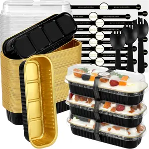 Mini Loaf Pans with Lids and Spoons (100 Pack, Black-, 6.8oz) Rectangular Aluminum Foil Baking Pans