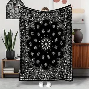 1 Vintage Paisley pattern flannel blanket - soft black and white mandala design, comfortable four seasons parabola, suitable for sofa, camping, travel and as a gift for family and friends