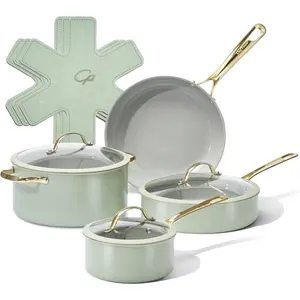 Ceramic Cookware Sets, 10 count Pots and Pans Set Non Stick, Cookware Set with Stainless Steel Handle, Dishwasher & Oven Safe, Sage Green and Granite Grey