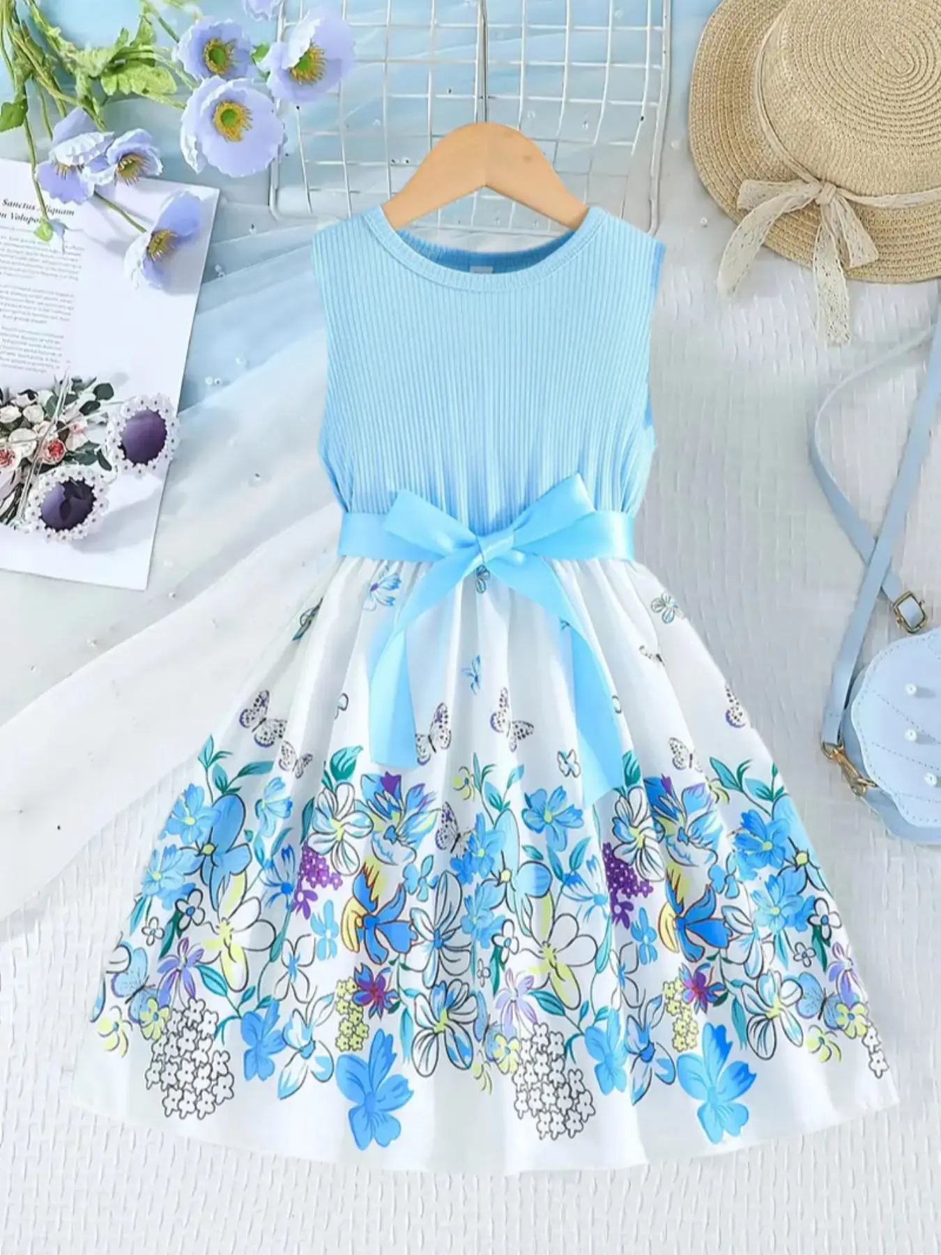 Toddler Girl's Floral Print Bow Decor Sweater Dress, Cute Sleeveless Knit Dress for Summer, Kids Clothes for Daily Wear Dresses Summer